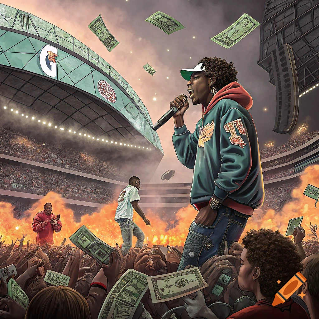 Illustrative image of a hip hop concert in a stadium with a performer on stage, a crowd, falling money, and fire.