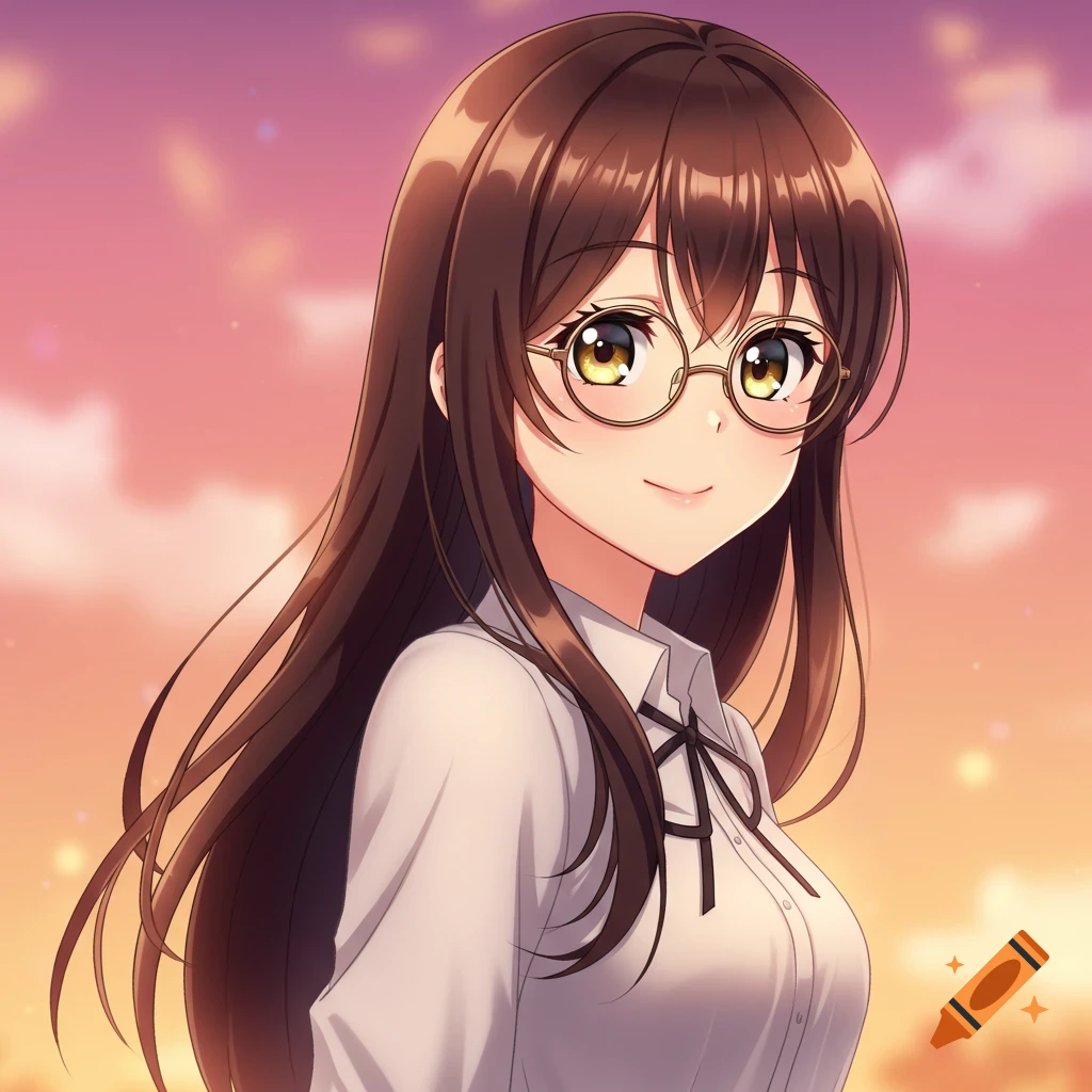 Anime portrait of a girl with glasses and long brown hair against a sunset background