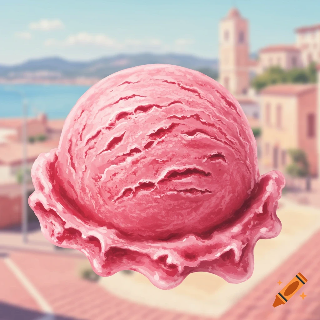A large scoop of pink ice cream in the foreground with a blurred European coastal town background.