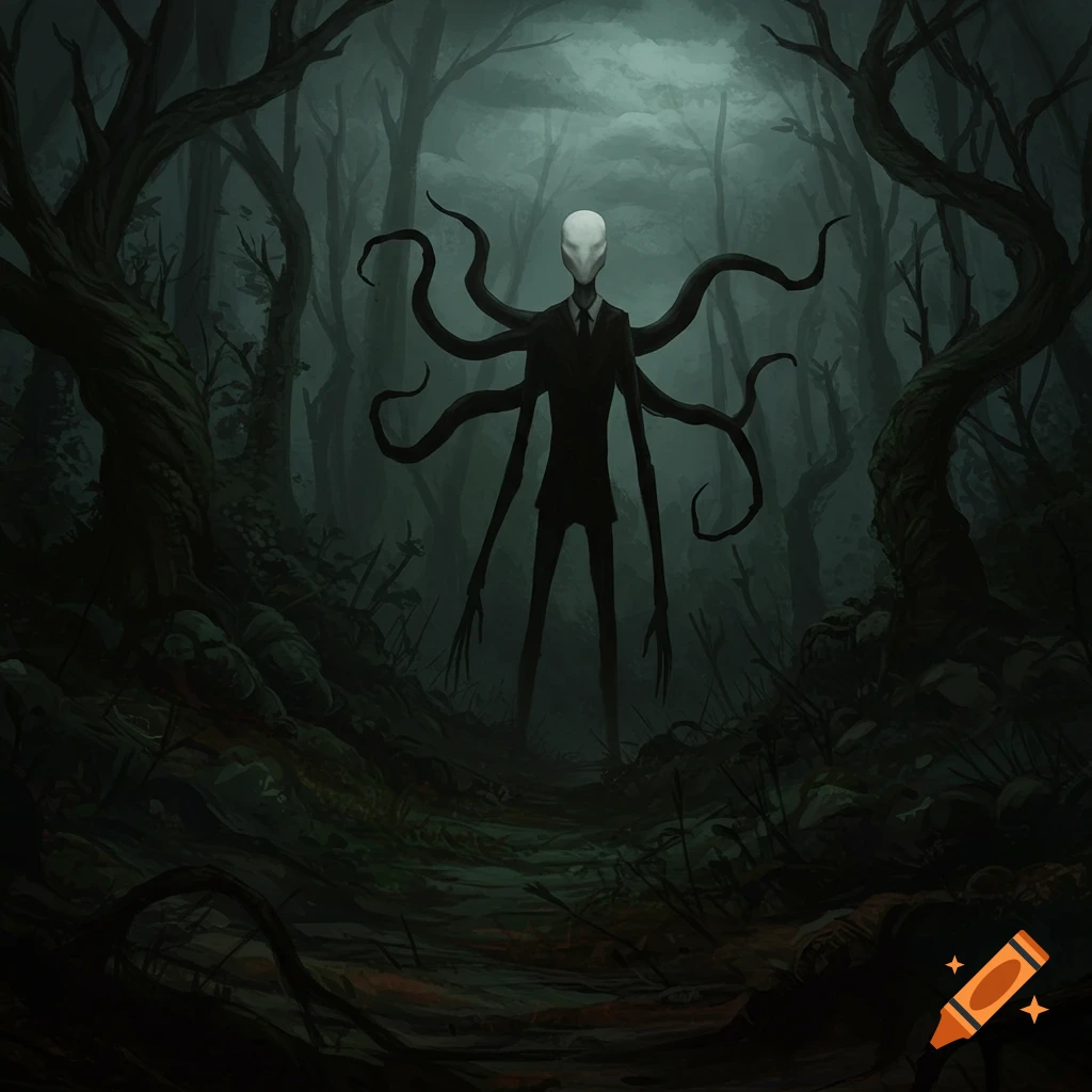 Slenderman standing in a dark, misty forest at night.