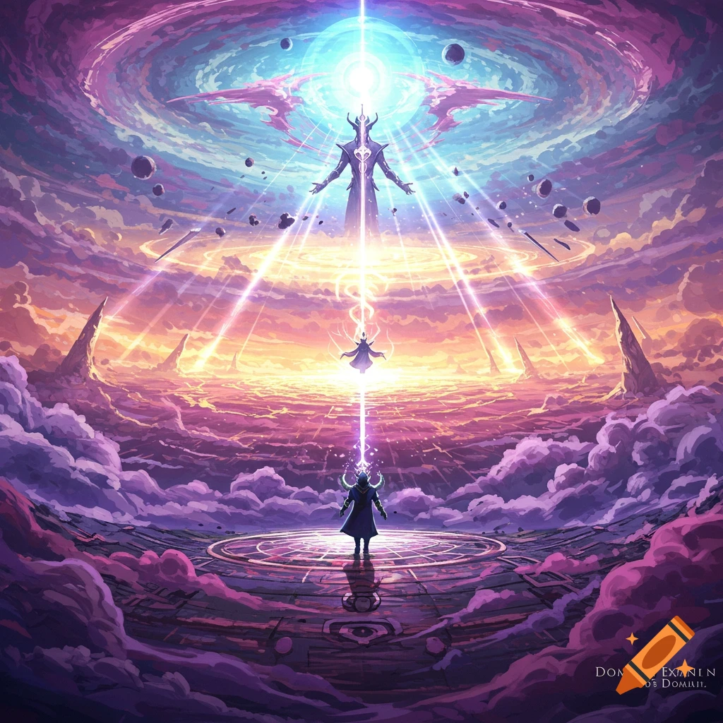 A cosmic fantasy scene with glowing figures and planets in a swirling sky.