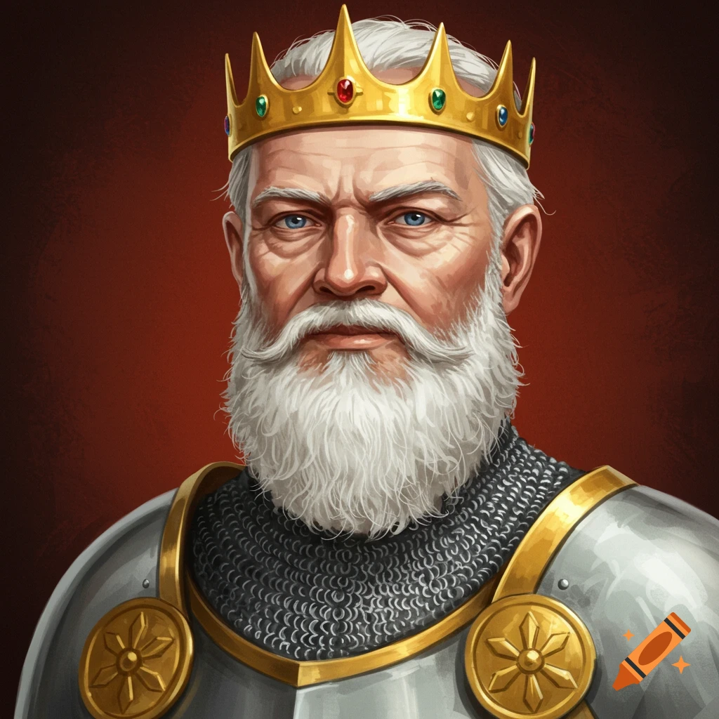 Portrait of an old man with a white beard wearing a gold crown and chainmail armor.