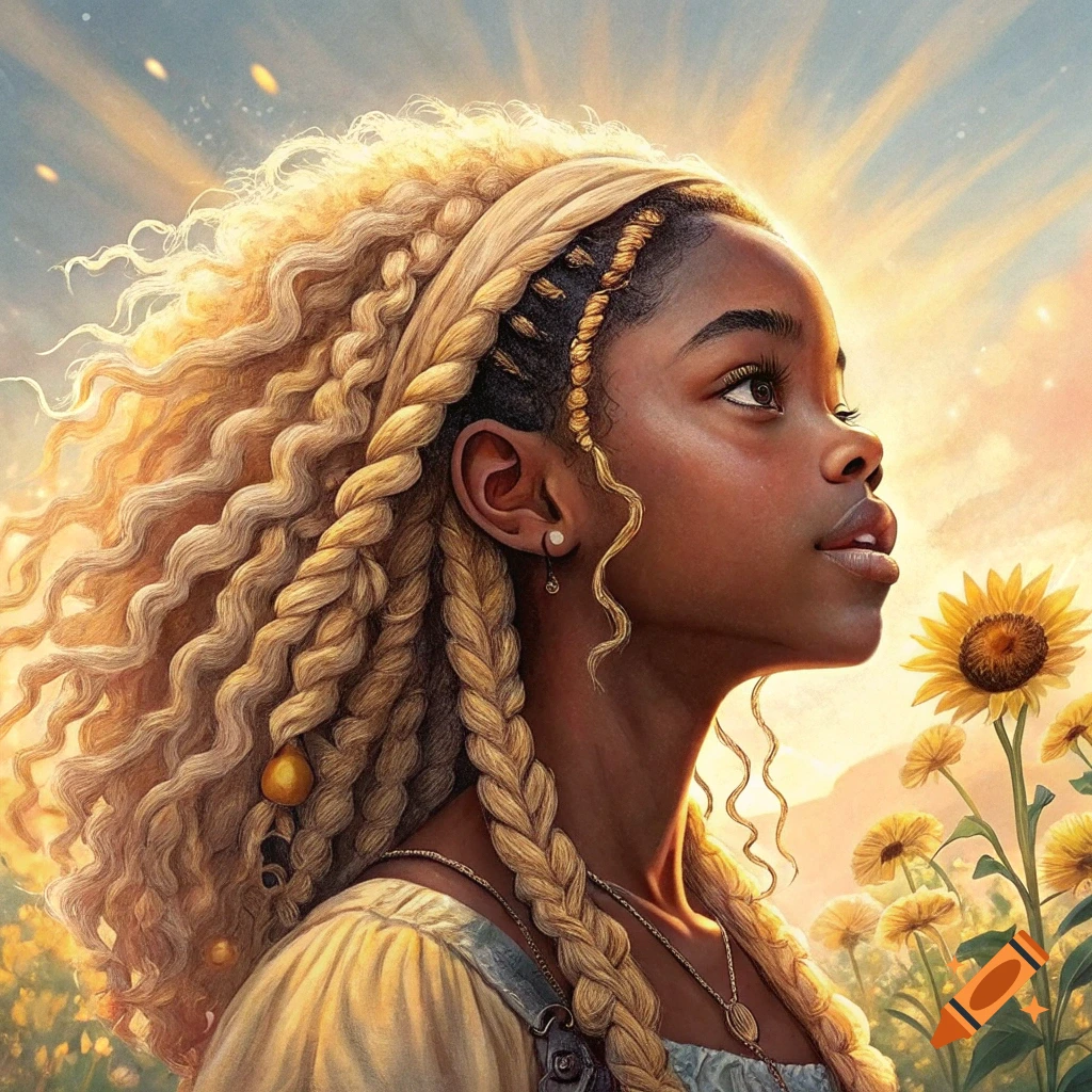 Portrait of a girl with golden braids looking up in a sunflower field under bright light.