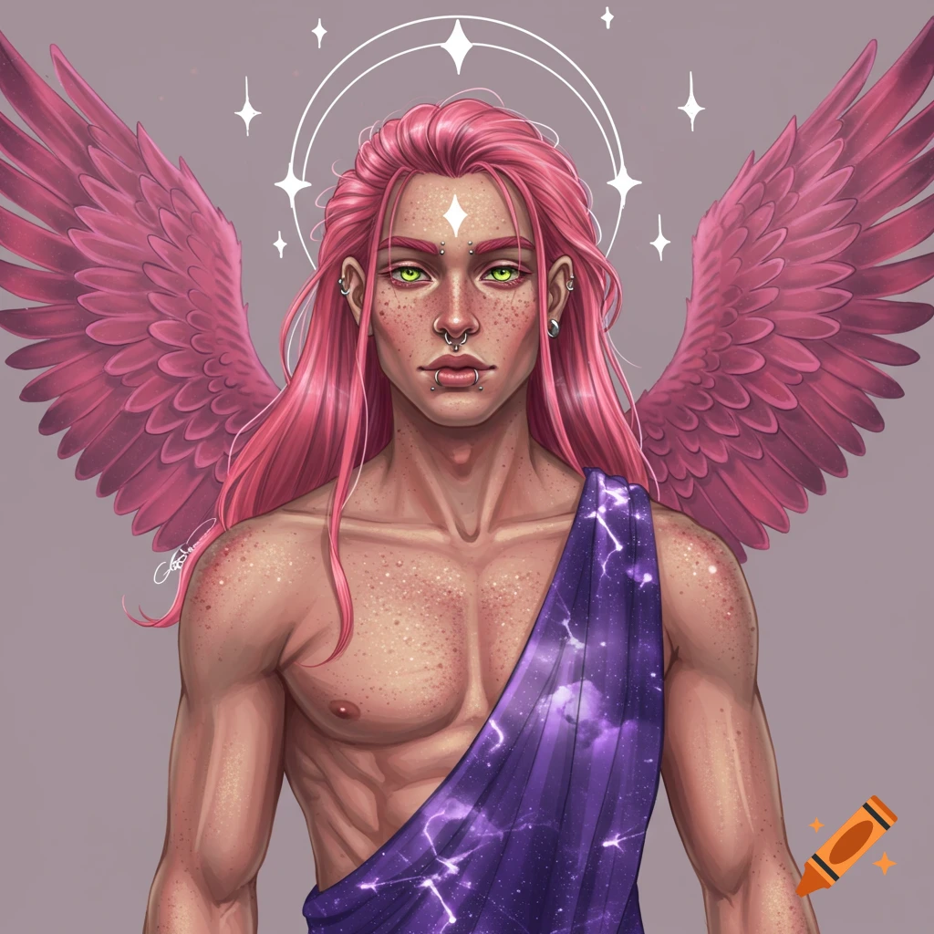 Portrait of a person with pink hair, wings, and piercings wearing a purple celestial drape.