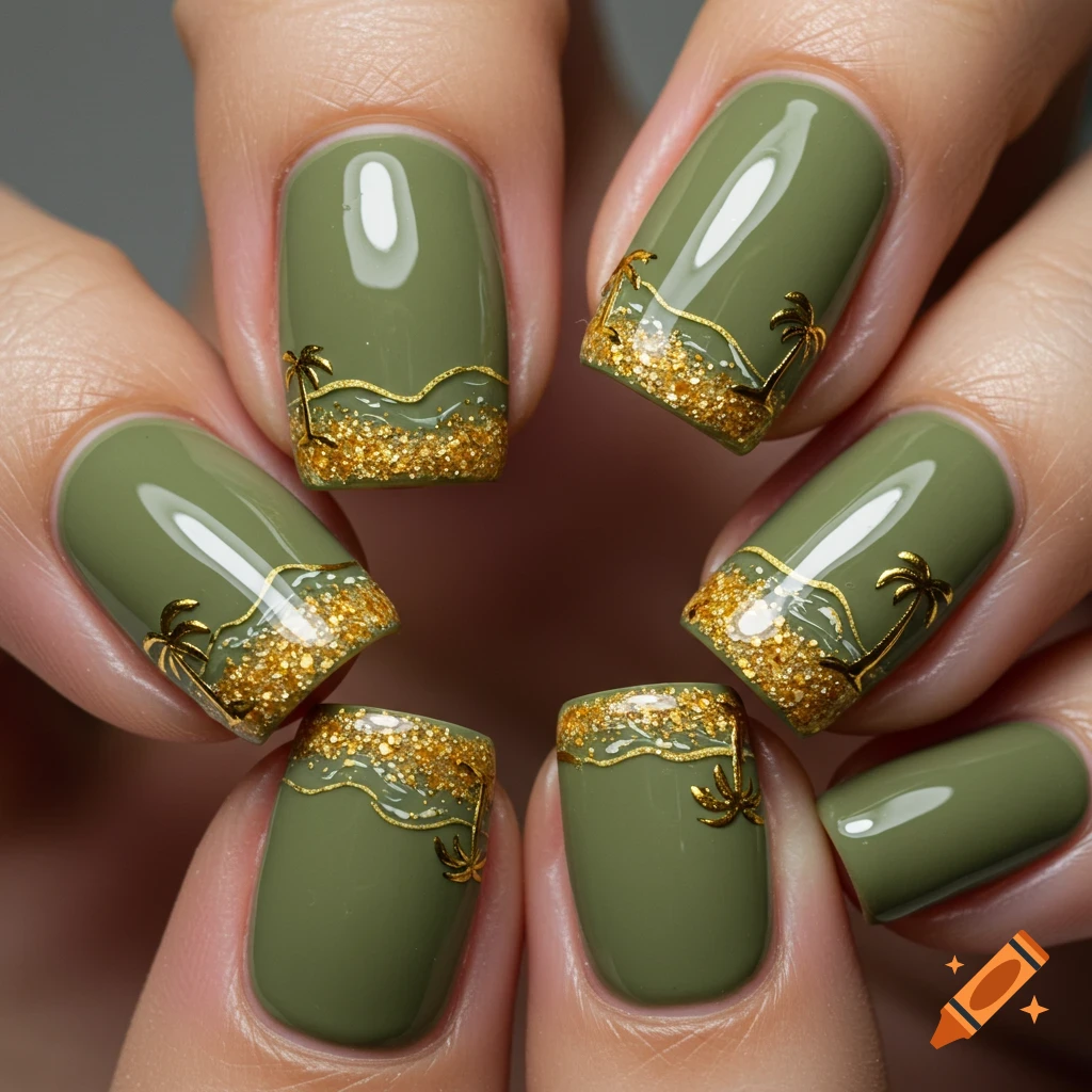 Close up of olive green gel nails with a gold glitter beach design and tiny gold palm trees.
