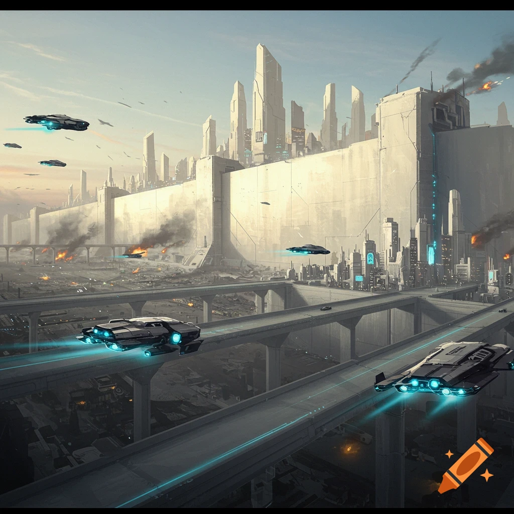 Futuristic spaceships fly over elevated highways towards a walled city during a battle scene, digital art.