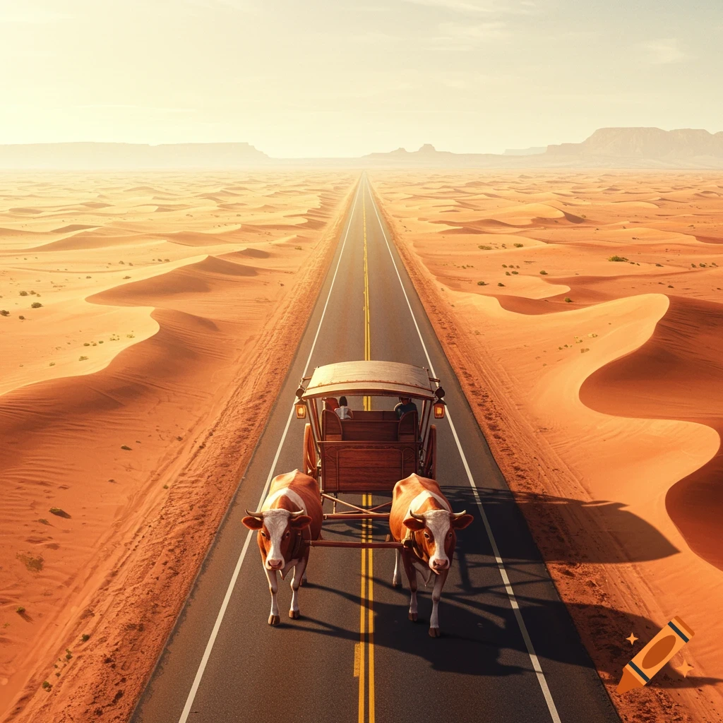 Two cows pull a carriage down a long, straight highway through a vast, sandy desert landscape under a bright sky. Photorealistic.