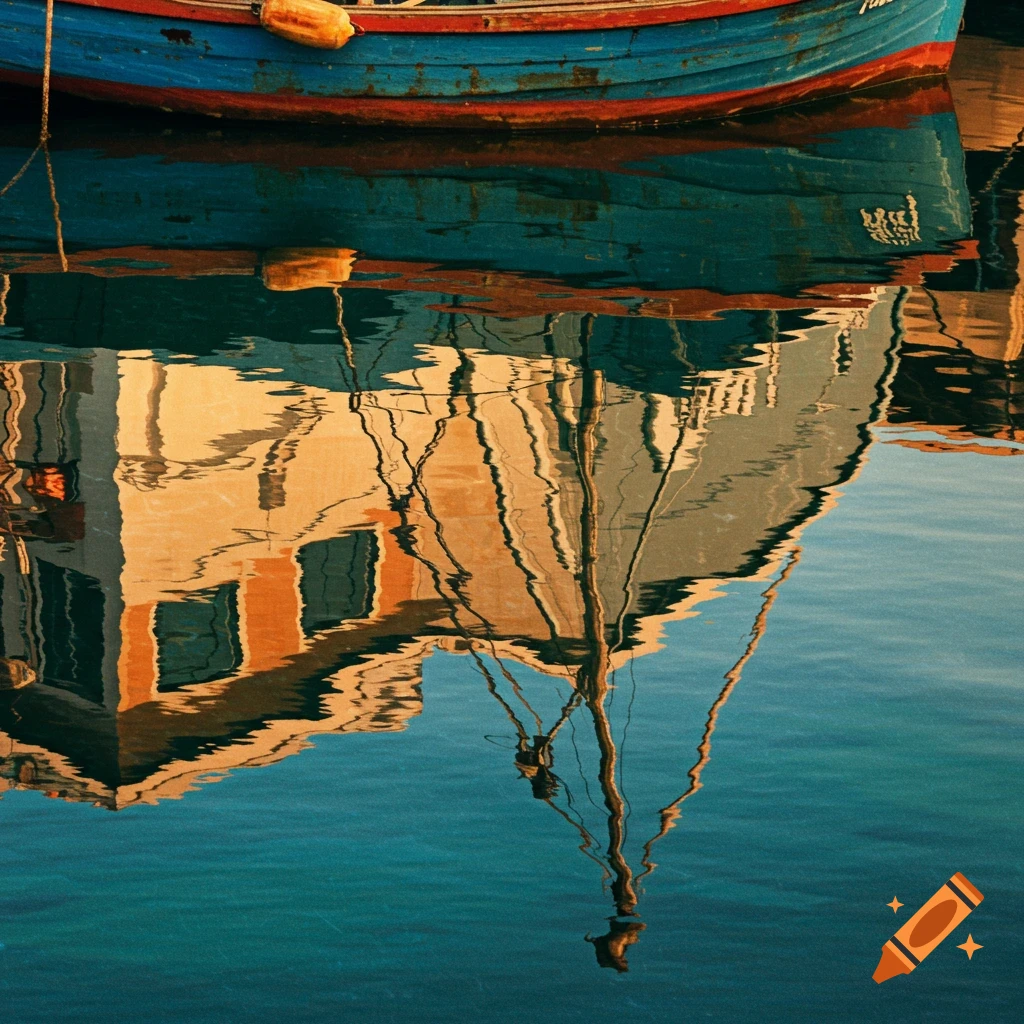 Abstract reflection of a blue boat in rippling water.