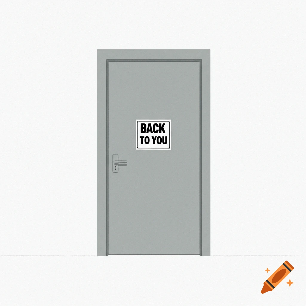 Illustration of a grey door with a 'BACK TO YOU' sign on a white background.