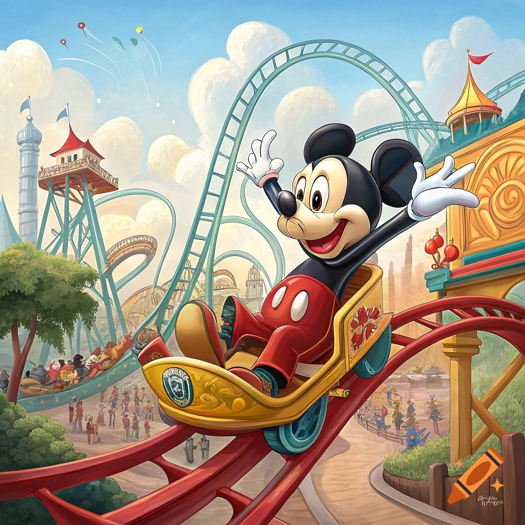 Mickey Mouse riding a rollercoaster in a theme park concept art.