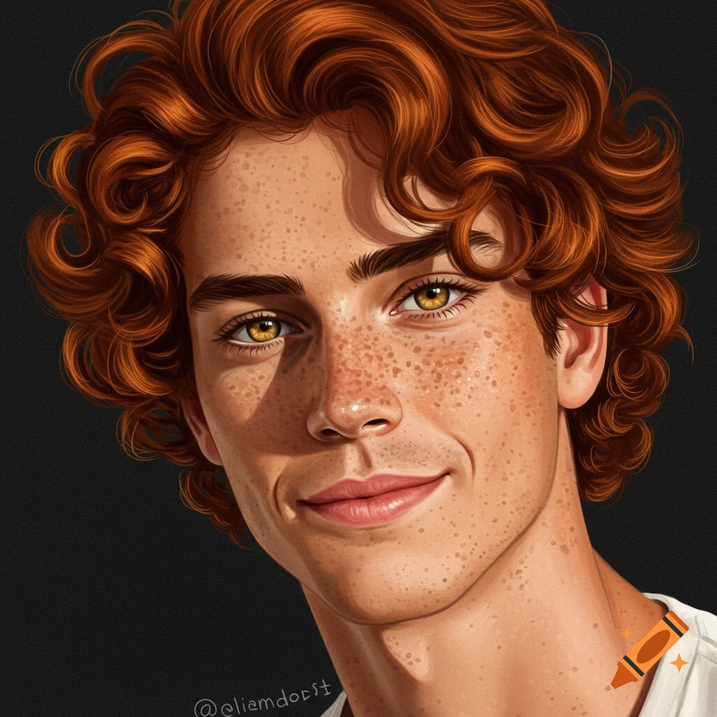 Portrait of a young man with red curly hair, freckles, and golden eyes, smiling.