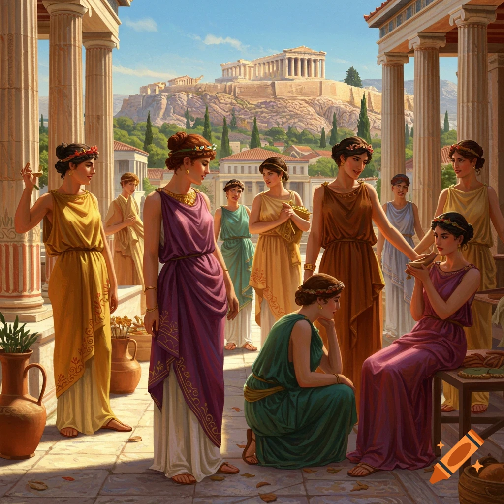 Women in ancient Greek robes stand among columns with the Acropolis in the background.