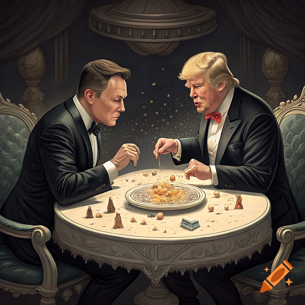 Two men resembling Trump and Musk in tuxedos eating at a fancy table while small figures are around the table base.