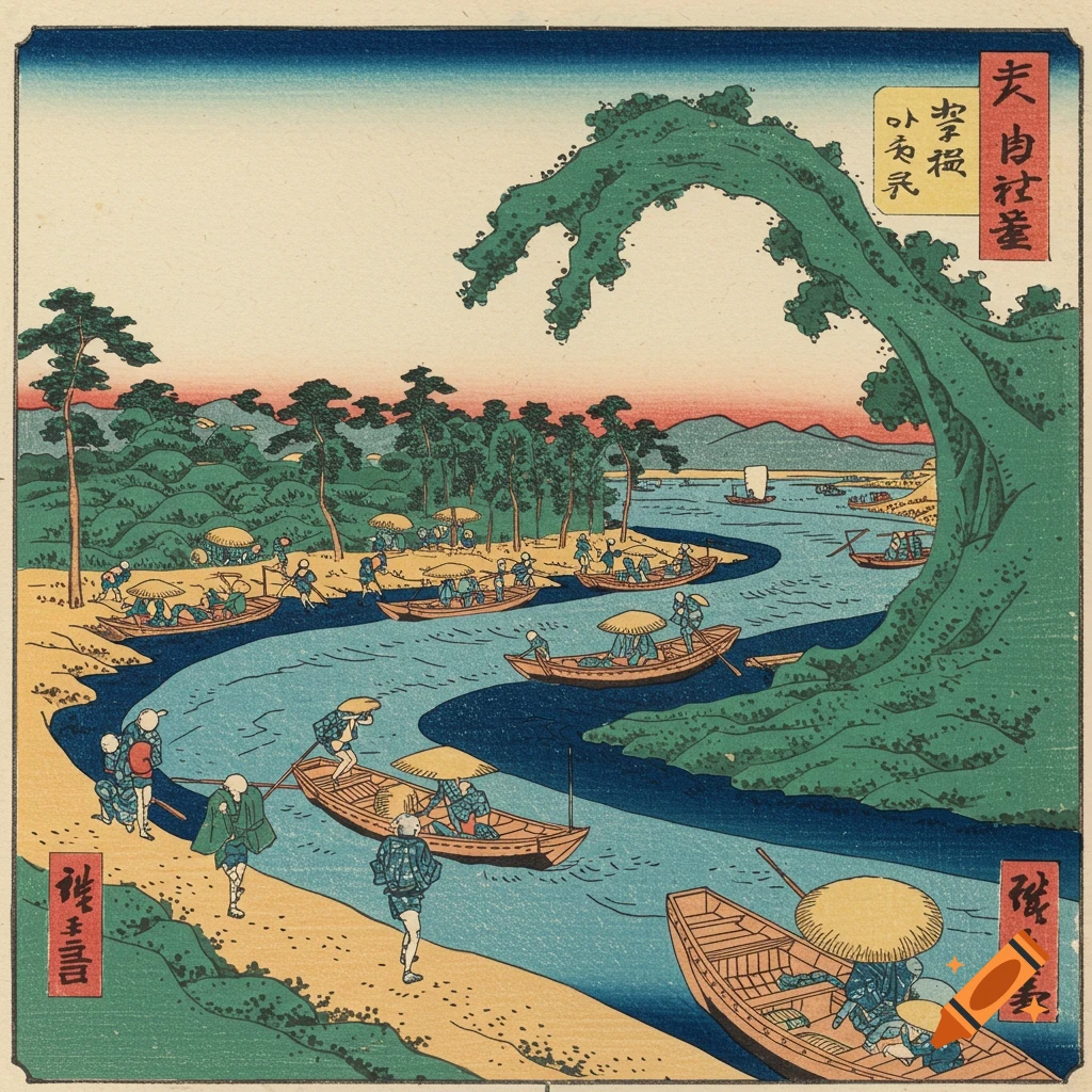 Japanese Ukiyo-e woodblock print of people in boats on a winding river with trees and mountains.