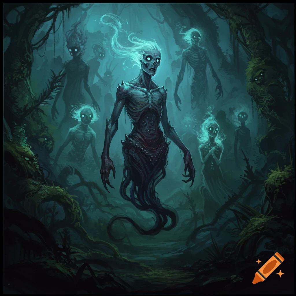 Multiple glowing phantoms and skeletal figures emerge from a dark, misty swamp forest.