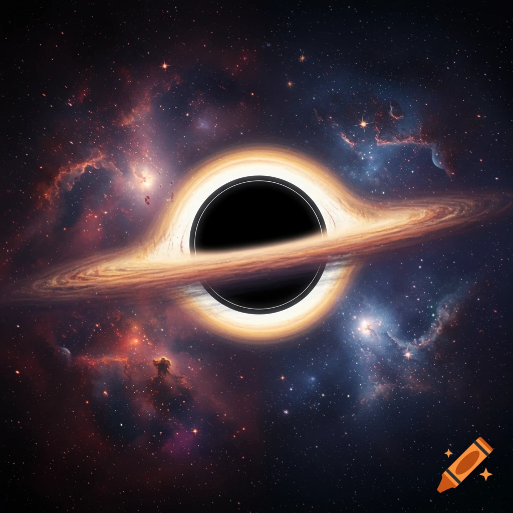 Cosmic scene of a black hole with swirling accretion disk surrounded by stars and nebulae.