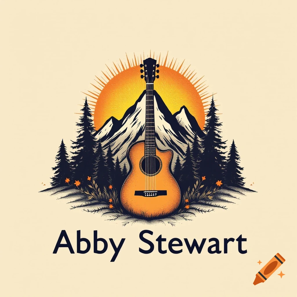 Logo with a guitar, mountains, sun, and trees, featuring the name Abby Stewart.