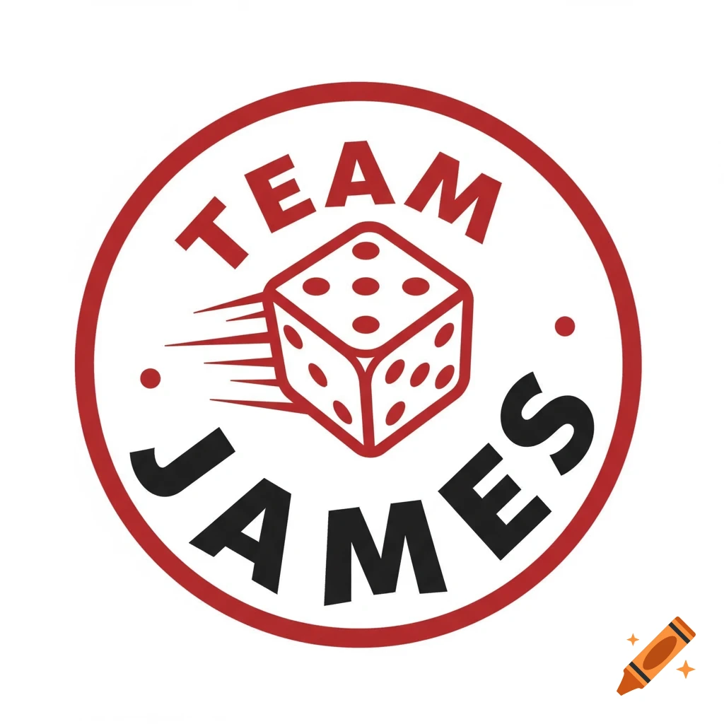 Circular logo with red ring, 'TEAM JAMES' text, and a red dice graphic.