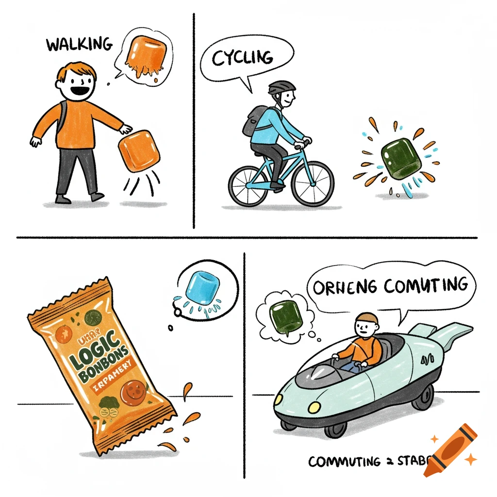 A four-panel comic shows people walking, cycling, and commuting, with thought bubbles and splashes of color related to 'Logic Bonbons'.