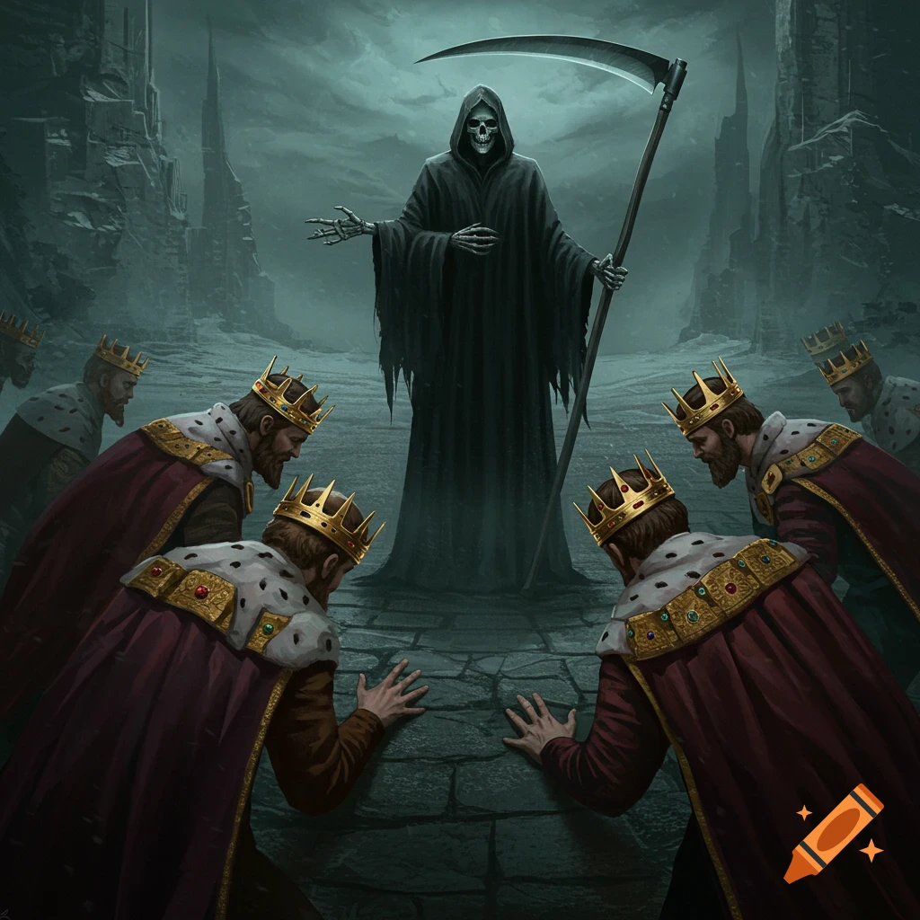 Illustration of the Grim Reaper standing over several kings bowing to him in a ruined city.