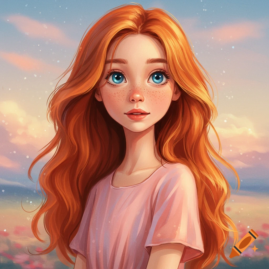 An illustration of a girl with long red hair and blue eyes