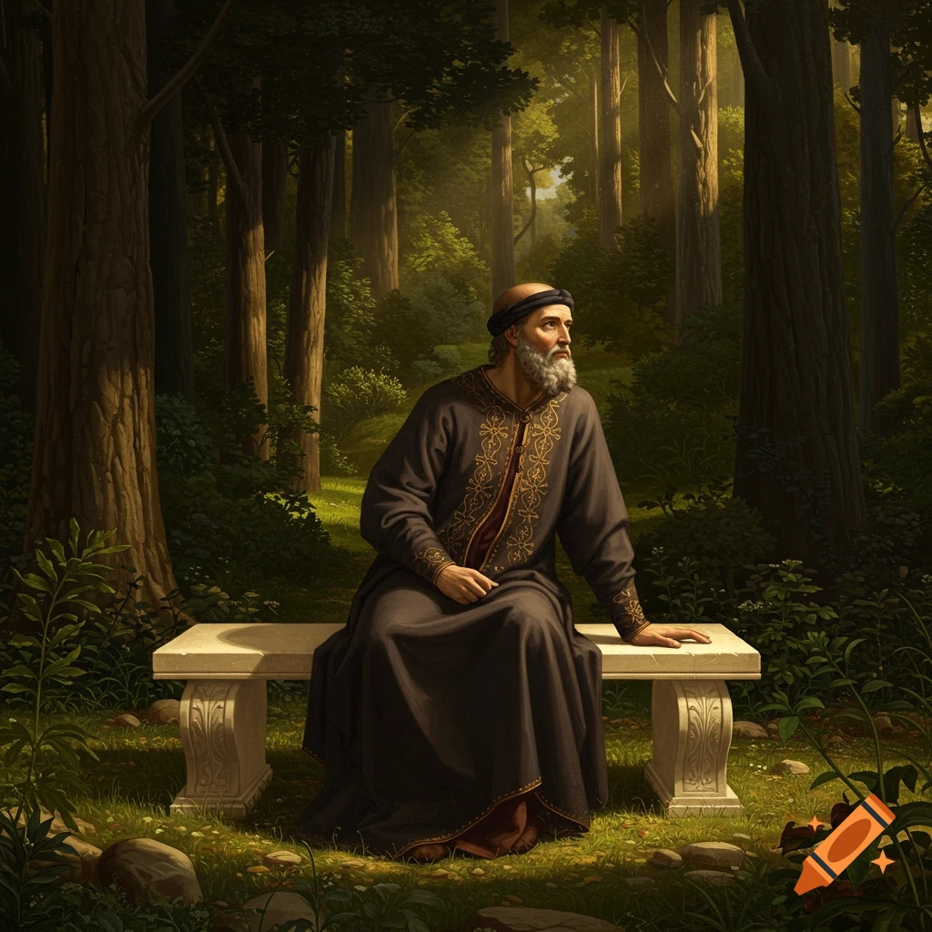 Renaissance painting of a philosopher sitting on a bench in a forest, looking into the distance.