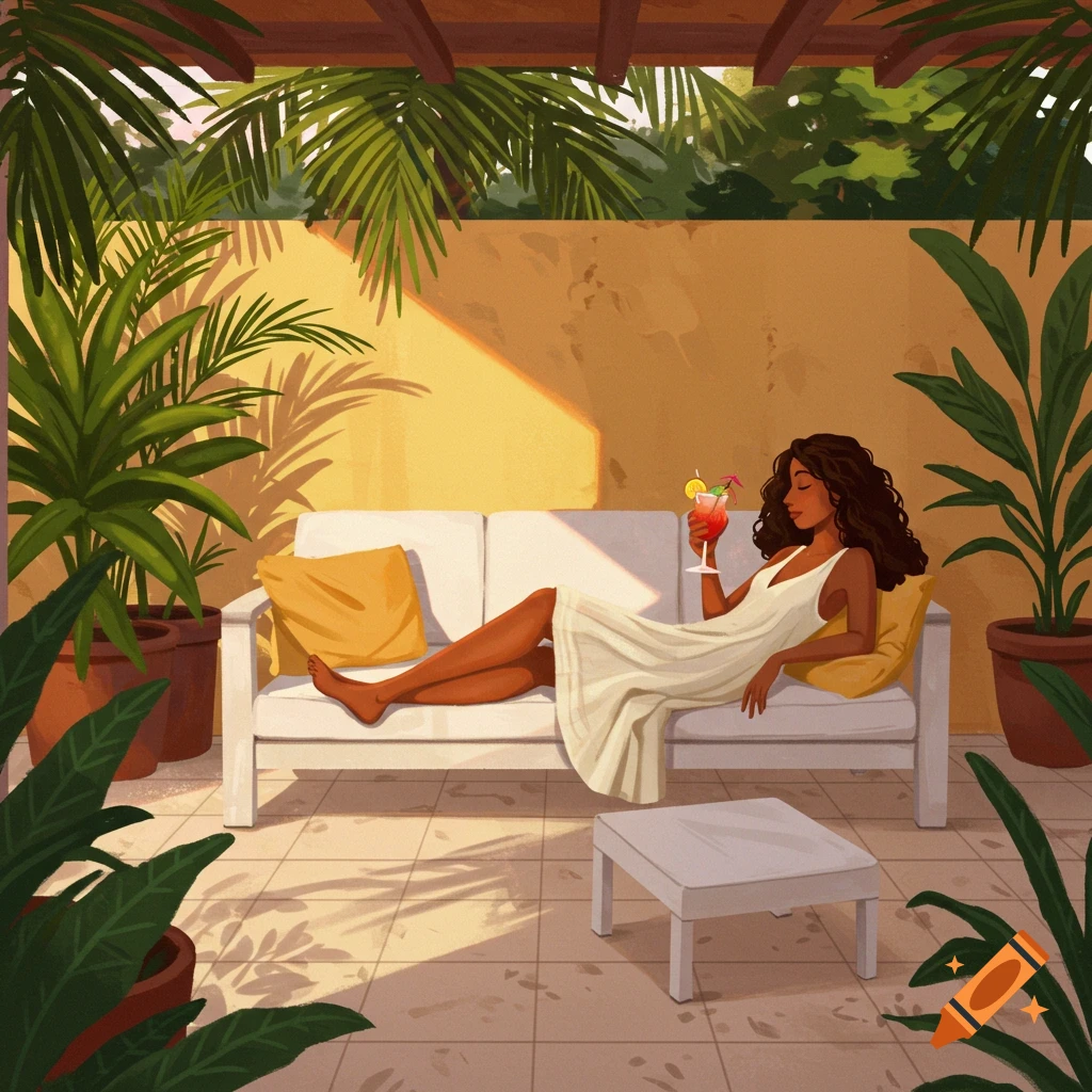 An illustration of a woman lounging on an outdoor sofa with a cocktail on a sunny patio with plants.