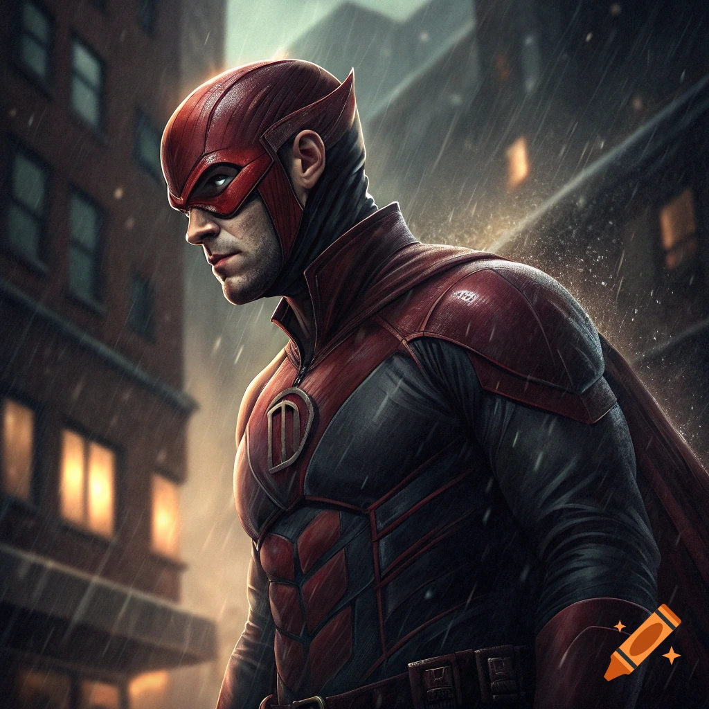 A superhero in a red and black costume stands in the rain against a city background.