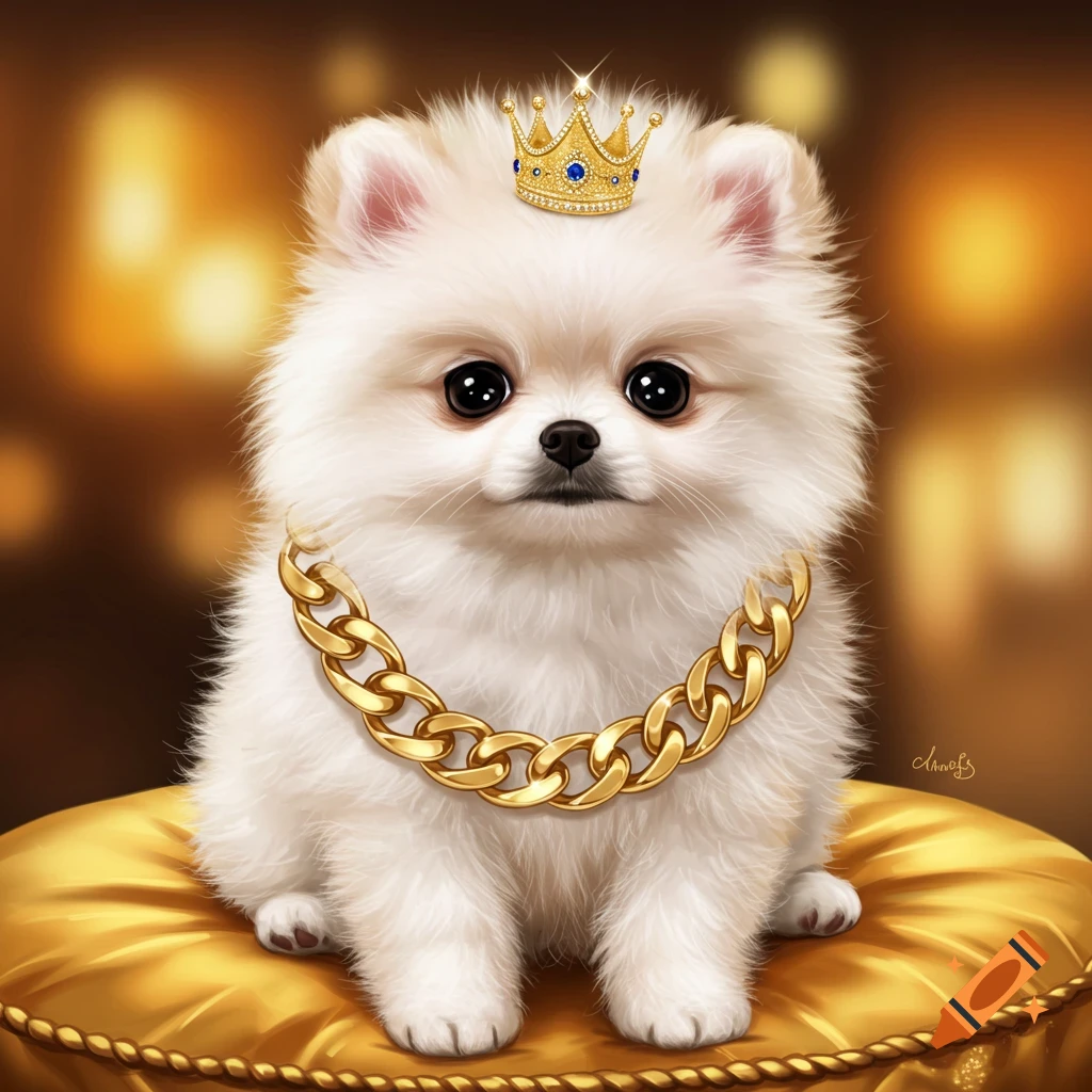 A cute white puppy wearing a gold crown and chain sits on a gold pillow.