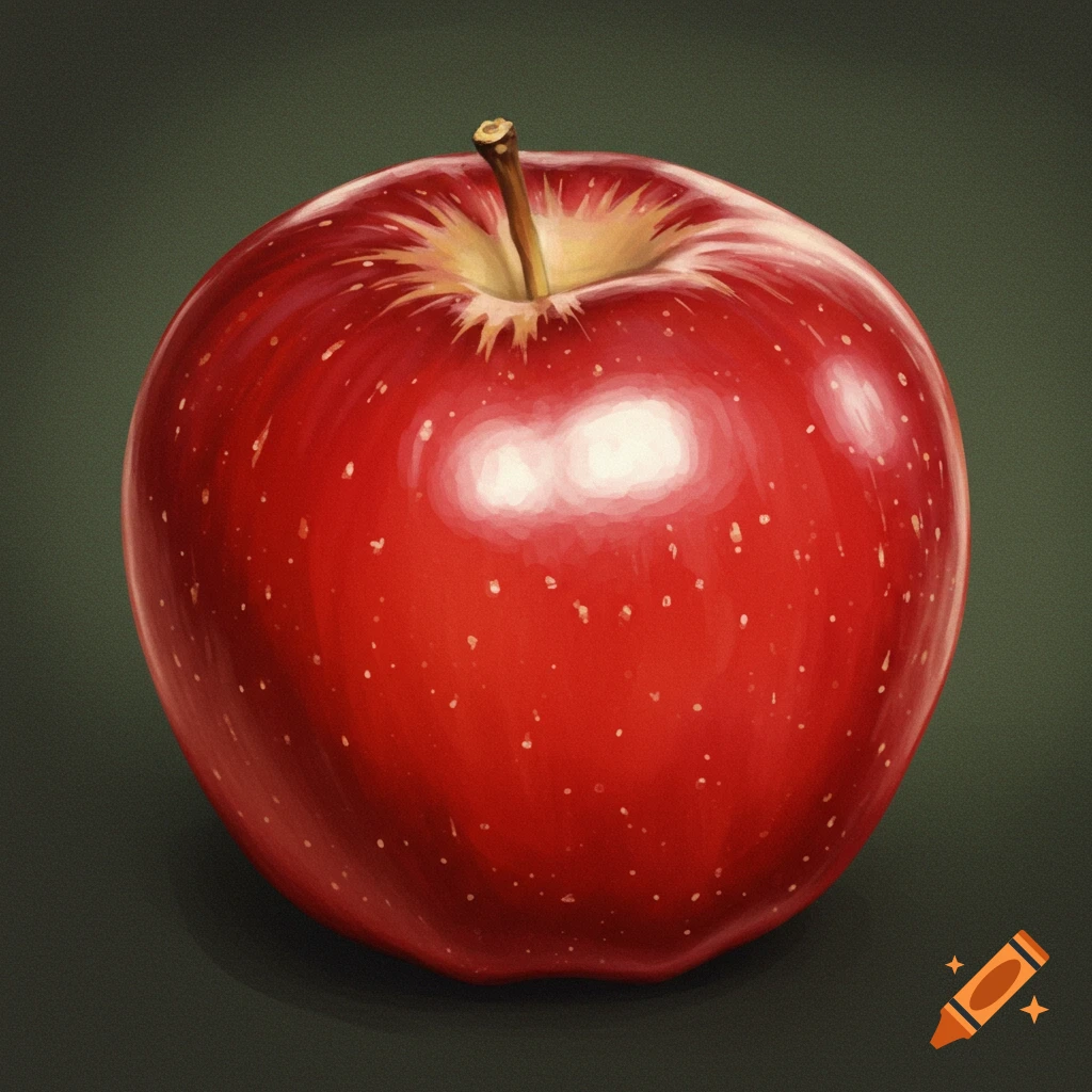 A close-up of a red apple on a dark background, painted style.