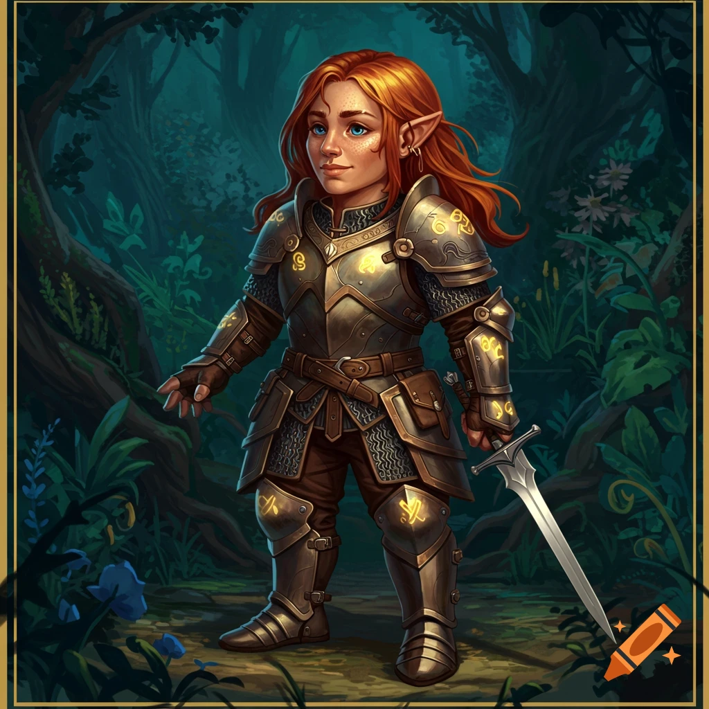 A fantasy character, possibly a halfling or dwarf with elf ears, in ornate armor holding a sword in a forest.