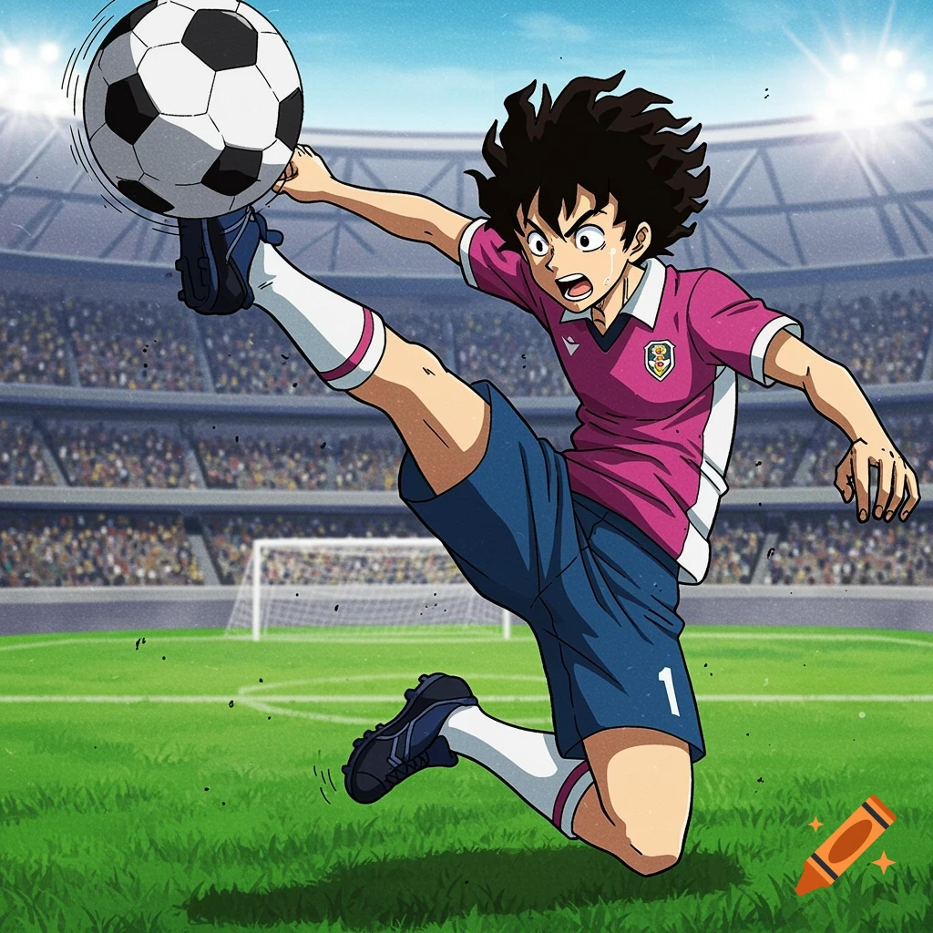 Anime soccer player does a bicycle kick in a stadium