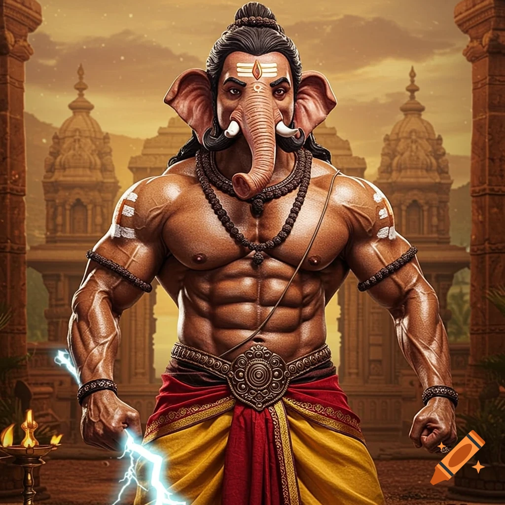 Muscular elephant-headed god in traditional clothing holds lightning, photorealistic image with ancient structures.