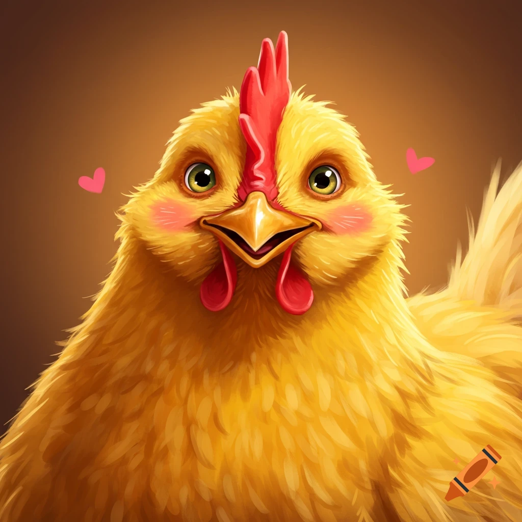 Close-up cartoon portrait of a smiling chicken with rosy cheeks and floating hearts.