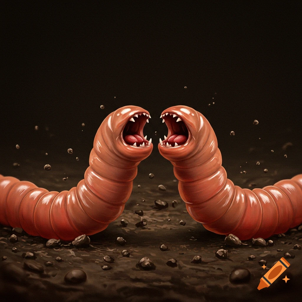Two cartoonish worms with sharp teeth facing each other in the dirt.