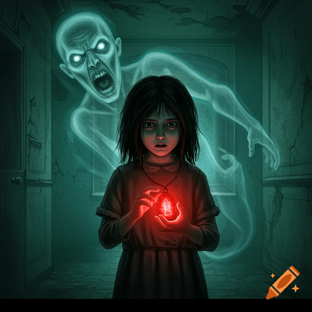 Illustration of a girl holding a glowing amulet, with a screaming ghost behind her in a dark hallway.
