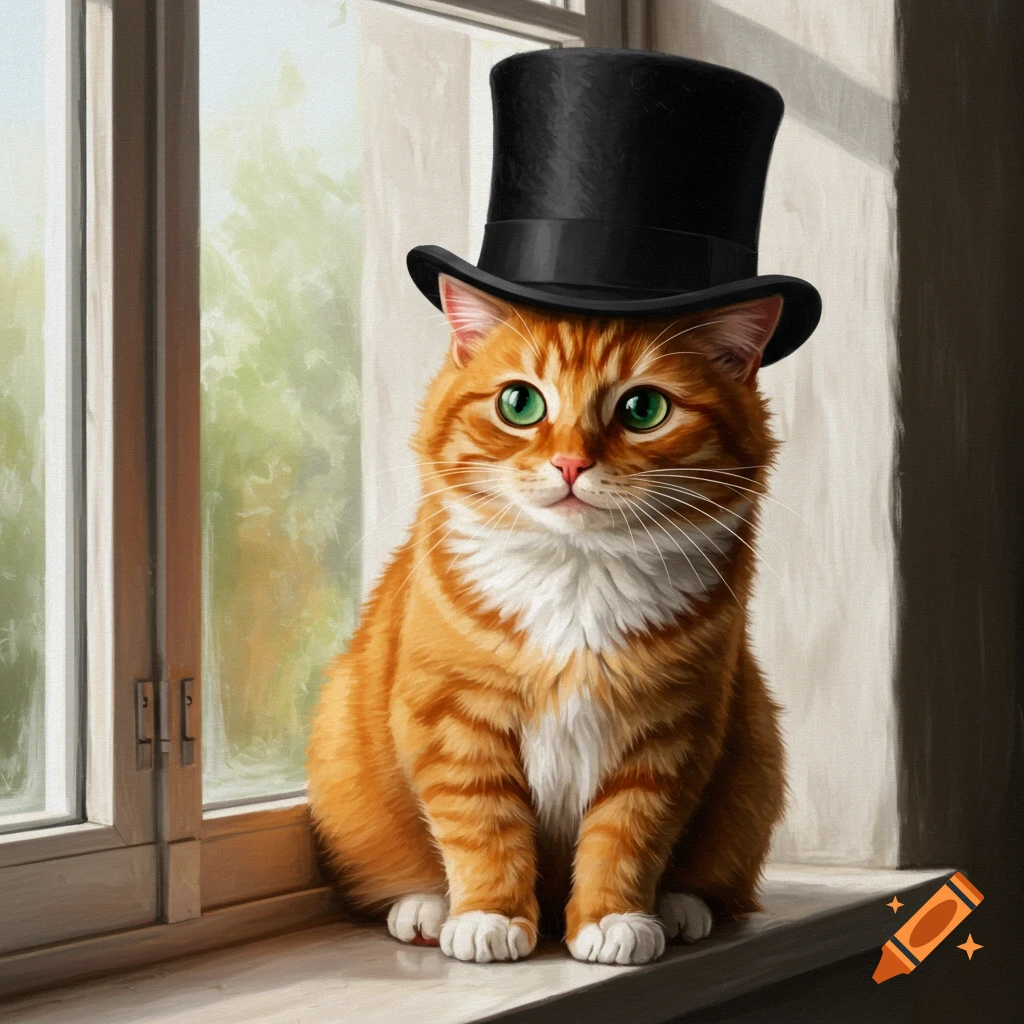 An orange tabby cat wearing a black top hat sits on a windowsill.