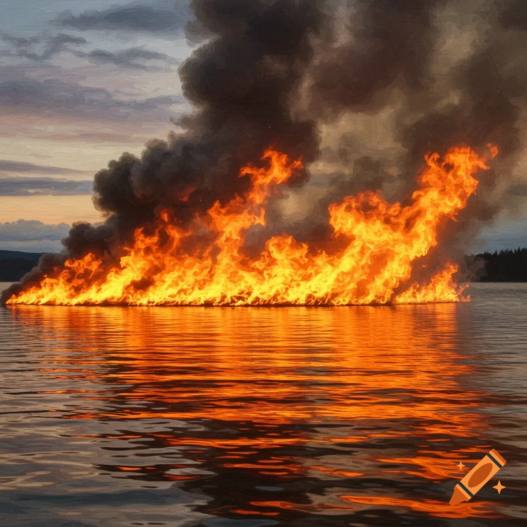 Large fire burning on the surface of a lake under a cloudy sky with reflections.