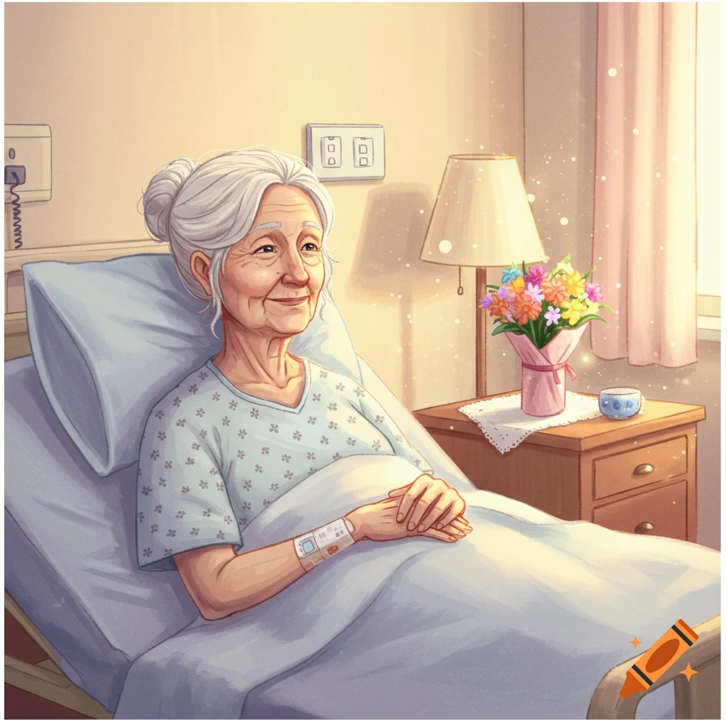 Illustration of a smiling elderly woman lying in a hospital bed with flowers on a bedside table.