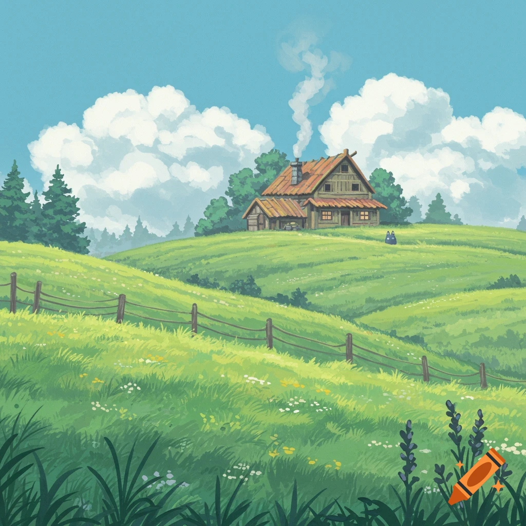 Anime style landscape with a wooden house on a green hill, trees, clouds, and a small blue creature.