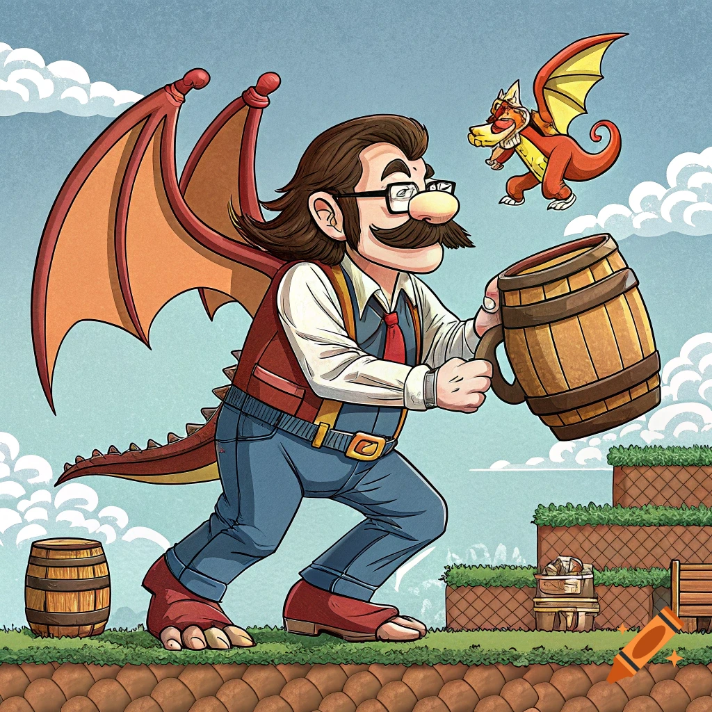 Cartoon illustration of a man resembling Billy Mitchell with dragon wings and Donkey Kong feet, holding a large mug and running in a video game level with a flying dragon.