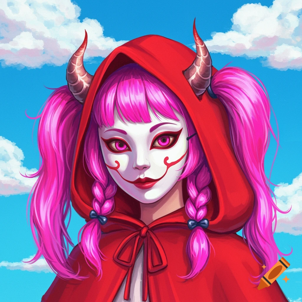 Illustration of a girl with pink hair, horns, white mask, and red hooded cloak.