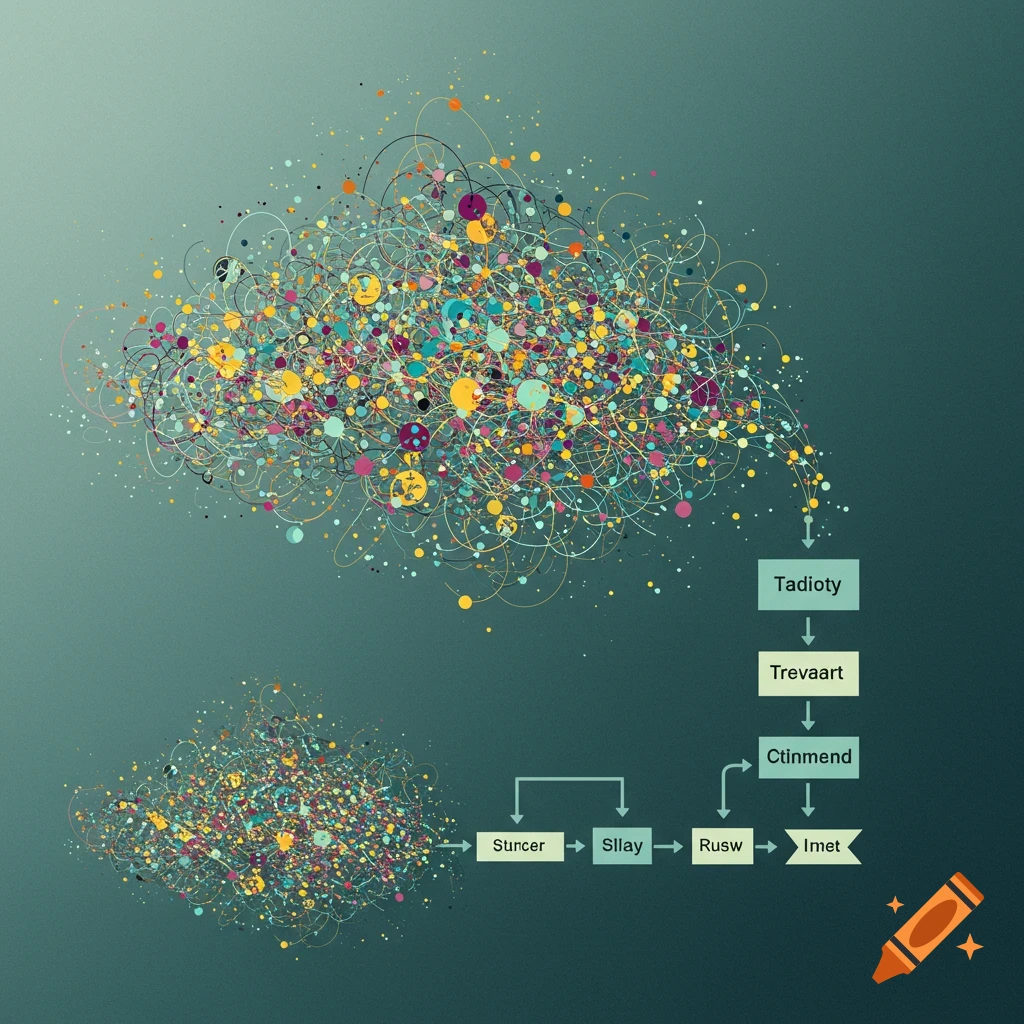 Abstract colorful shape flowing into simplified process diagrams with text boxes.