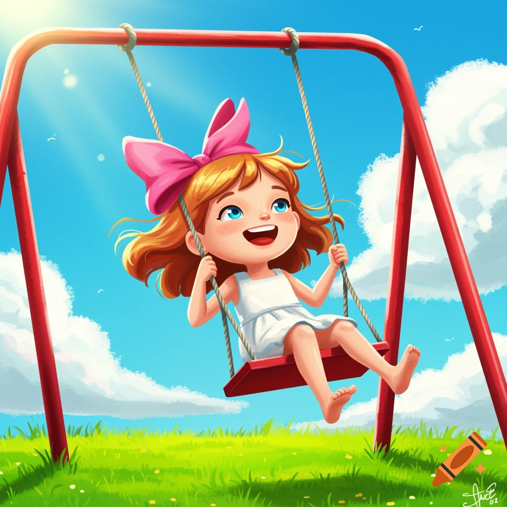 Cartoon girl with pink bow happily swings on a red swing set outdoors.
