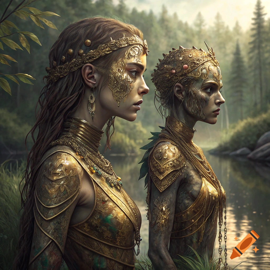 Two fantasy figures with elaborate golden and jeweled armor standing by a lake in a forest.