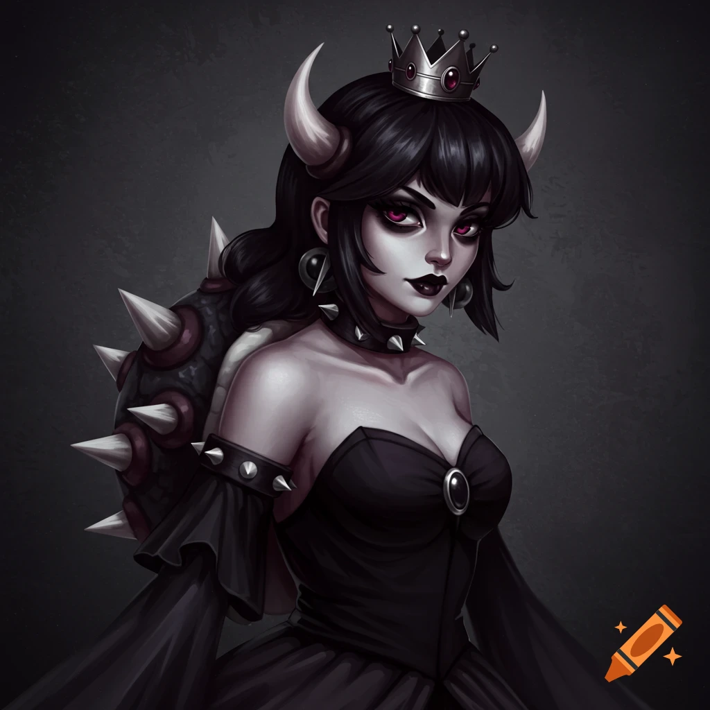 Gothic character with horns, crown, and spikey shell wearing a black dress.