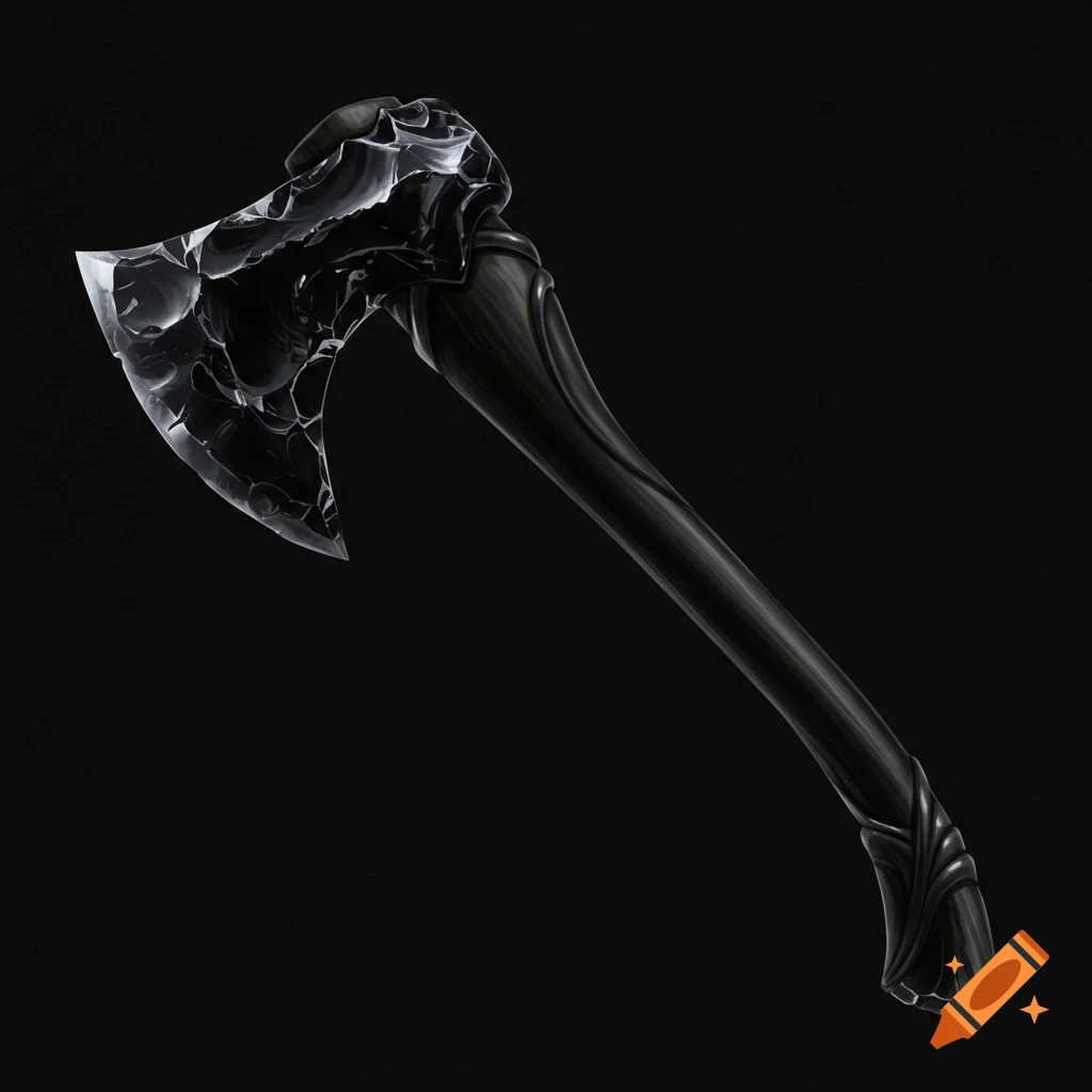 A stylized axe with a translucent, fractured obsidian blade and dark handle against a black background.