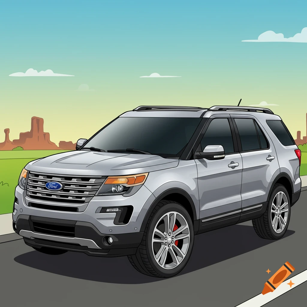 Cartoon drawing of a silver Ford Explorer SUV on a road.