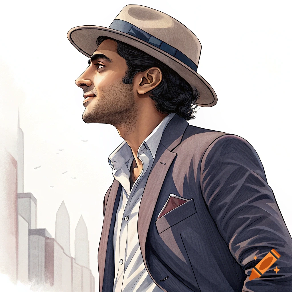 Man in a suit and hat looking up with a city skyline behind him.