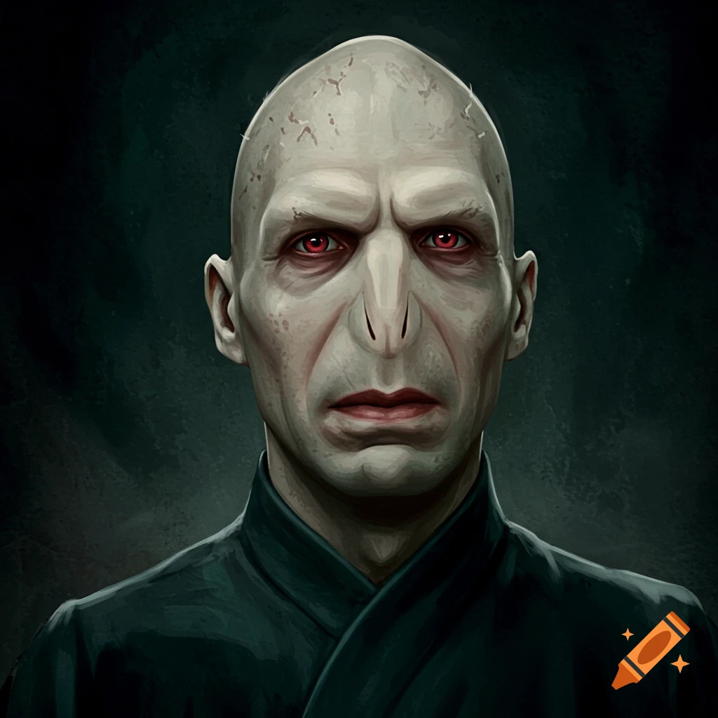 Portrait of Lord Voldemort with a nose, red eyes, and dark robes against a dark background.